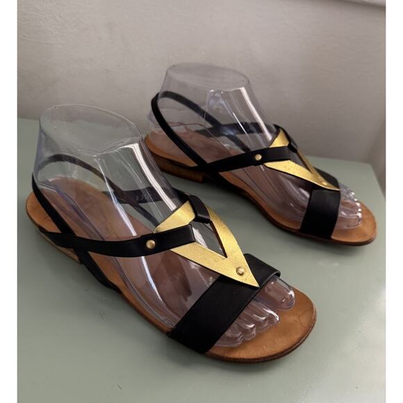 seducta Shoes - Vintage 90s Y2K Seducta Paris Leather Sandal Black Gold Leather Sz 7‎